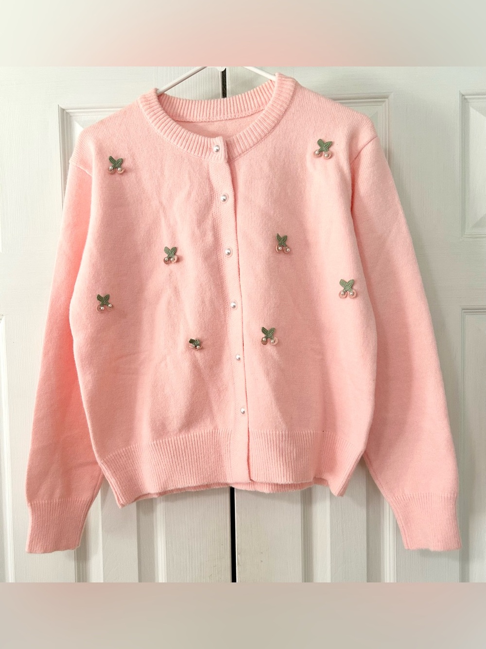 New Pink Cherry embroidered pearl Button Up Cardigan Sweater woman size large - Picture 2 of 6